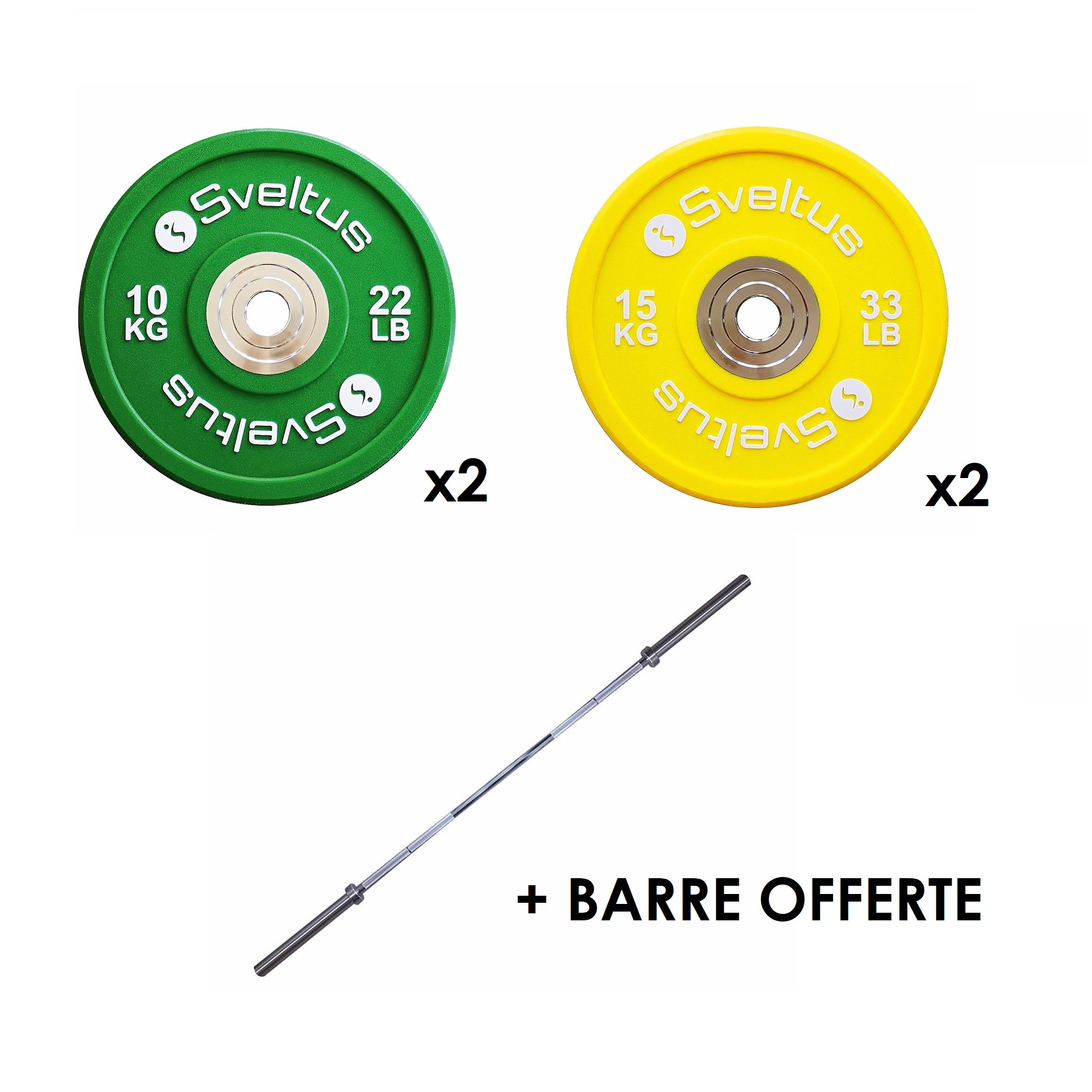  Disque Olympique - Diamètre 51mm Paires de disques 10 et 15 kg + barre olympique offerte Sveltus - FitnessBoutique